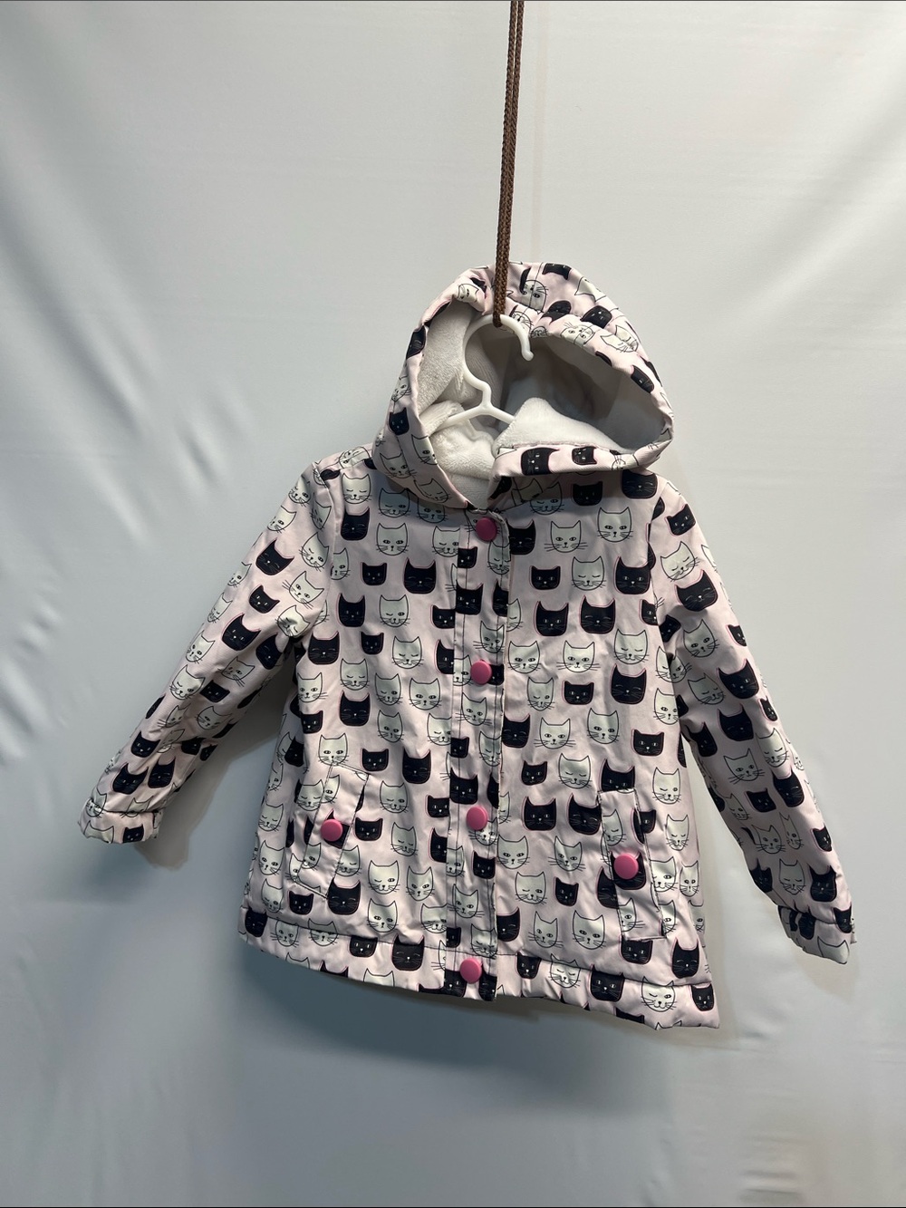 Dip Baby Girls Pink Cat Print Hooded Fleece Lined Jacket 12–18M